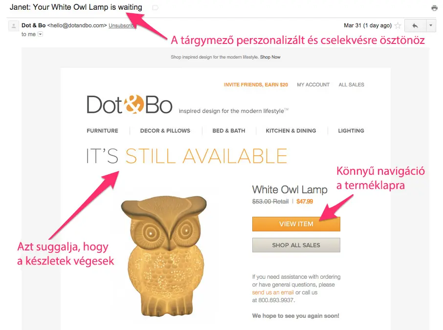 Dot&Bo elhagyott kosár emlékeztető email minta